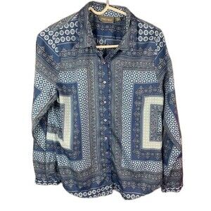 Roz & Ali Size M Womens Shirt Button Front Long Sleeve Blue Print
